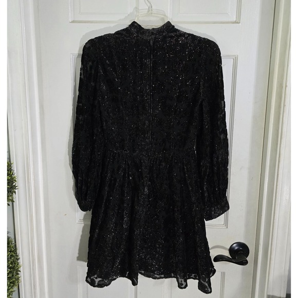 Jayna Vtg  Black Metallic Deep V Neck Party Dress Brocade Bishop Sleeve Size S - Picture 4 of 13